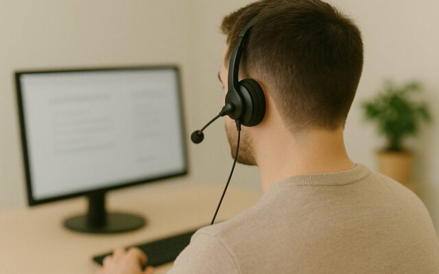 Man sieht eine Person mit Headset bei der Kundenbetreuung